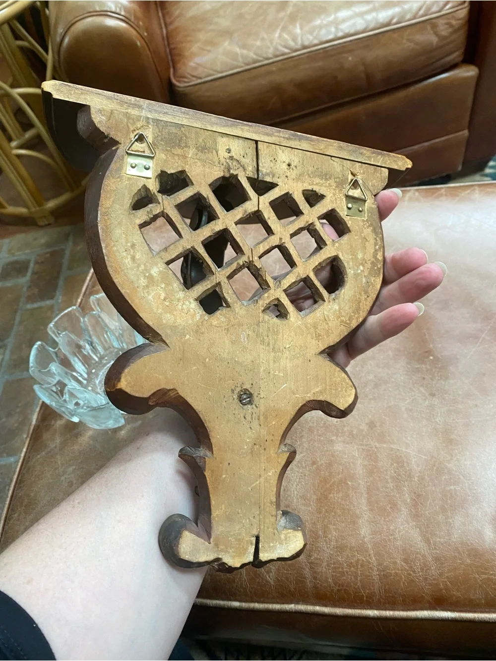 Vintage Hand-Carved Wooden Wall Bracket Shelf scroll detail